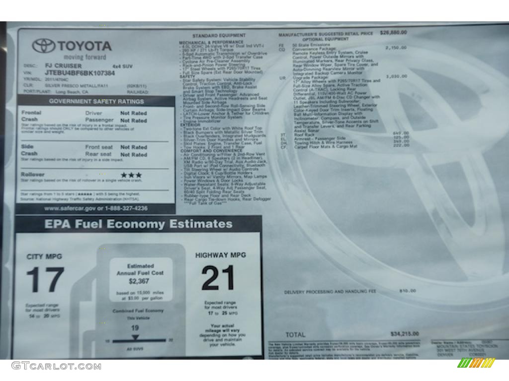 2011 Toyota FJ Cruiser 4WD Window Sticker Photo #47072613