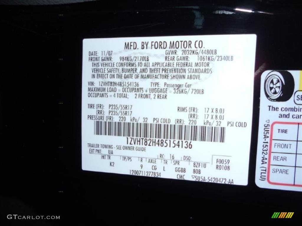 2008 Mustang Color Code UA for Black Photo #47074898