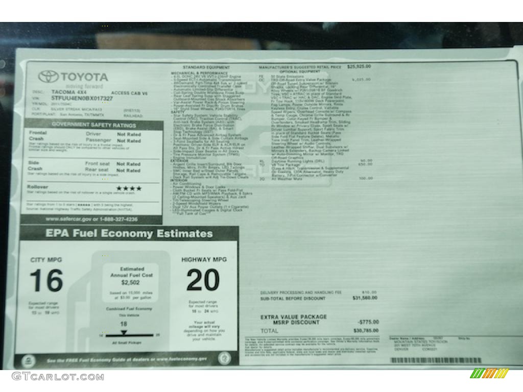 2011 Toyota Tacoma V6 TRD Access Cab 4x4 Window Sticker Photo #47075183