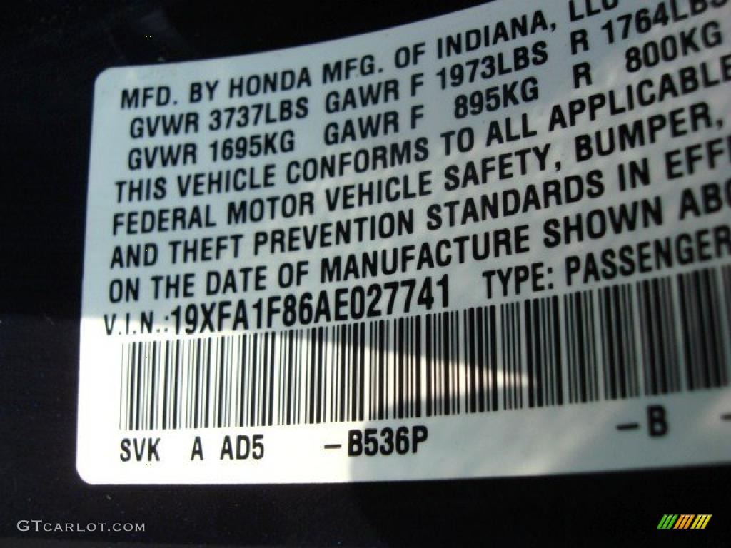 2010 Civic Color Code B536P for Royal Blue Pearl Photo #47091932