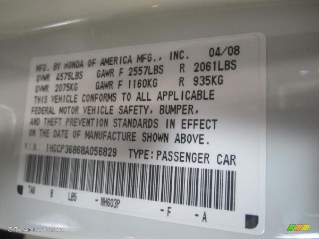 2008 Accord Color Code NH603P for White Diamond Pearl Photo #47096180