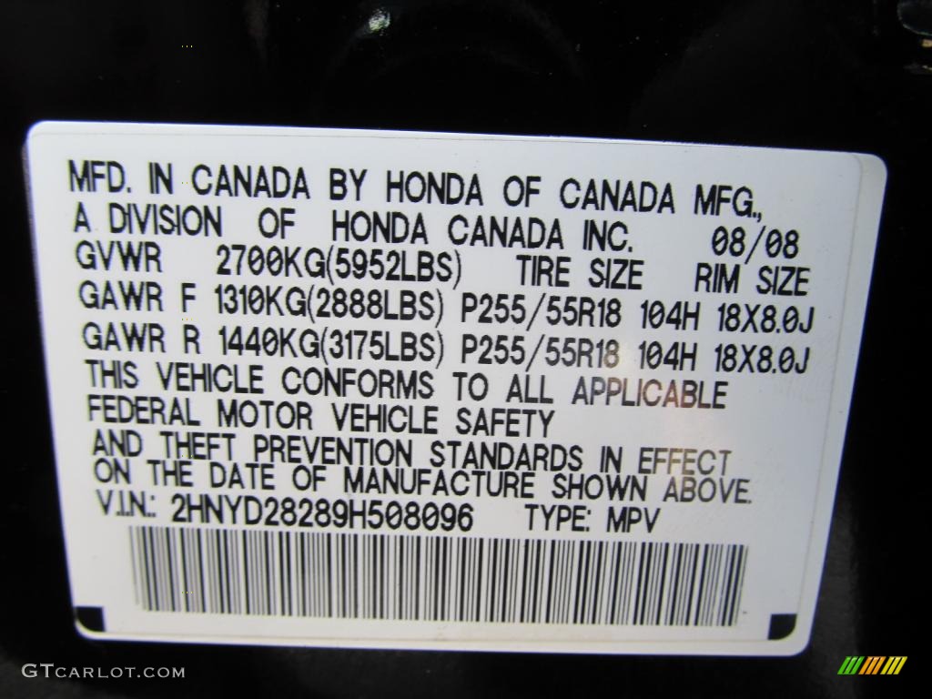 2009 Acura MDX Standard MDX Model Info Tag Photo #47109284