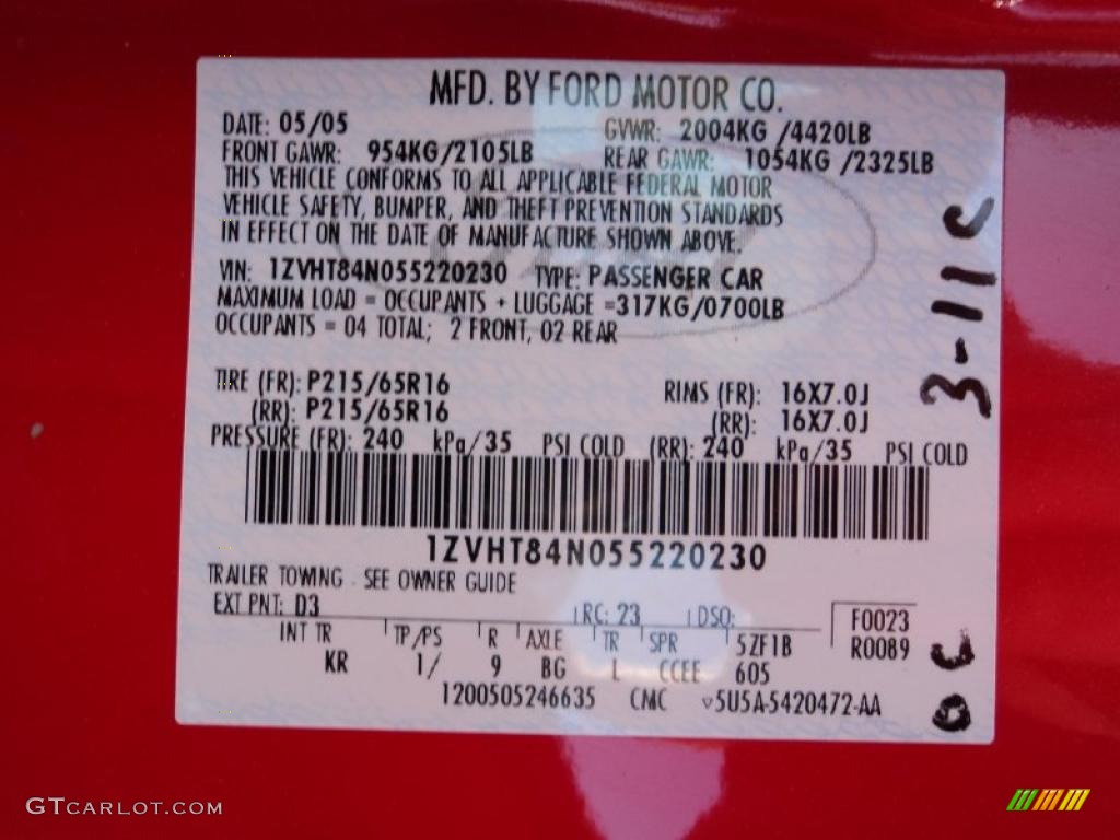 2005 Mustang Color Code D3 for Torch Red Photo #47121711