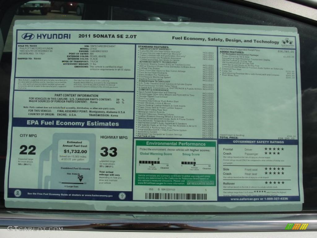 2011 Hyundai Sonata SE 2.0T Window Sticker Photo #47127888