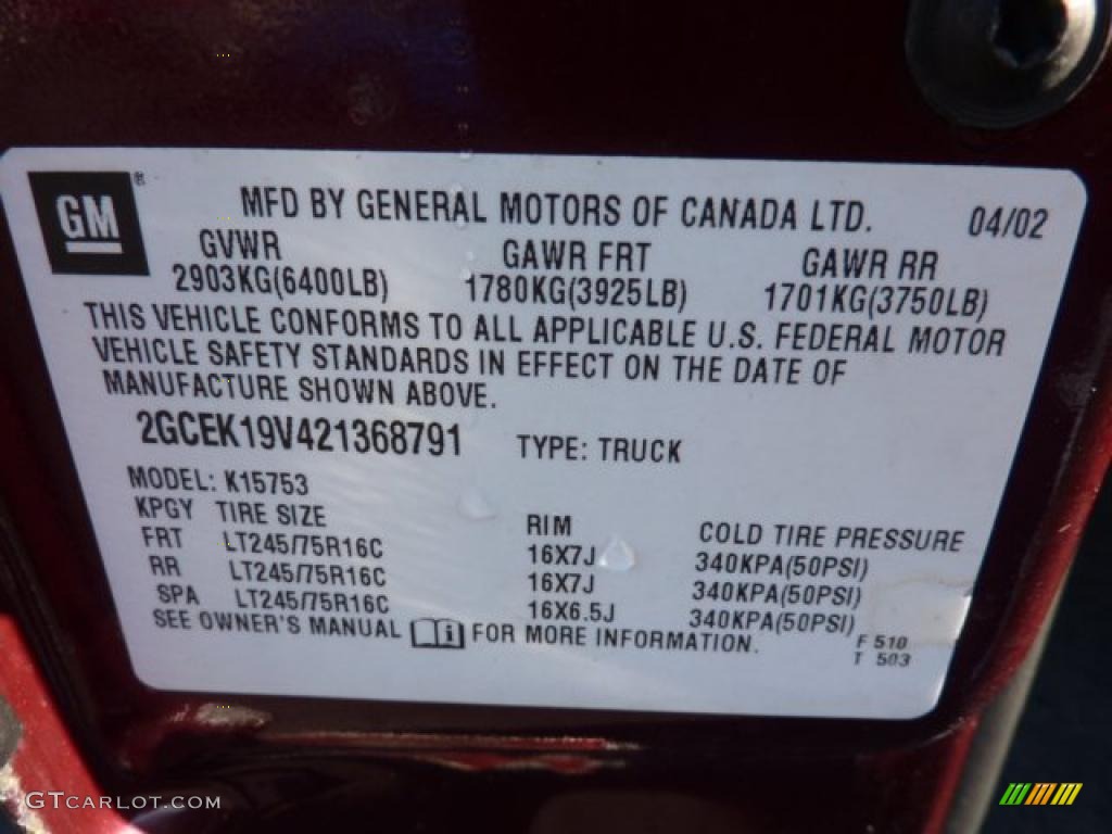 2002 Chevrolet Silverado 1500 Extended Cab 4x4 Info Tag Photos