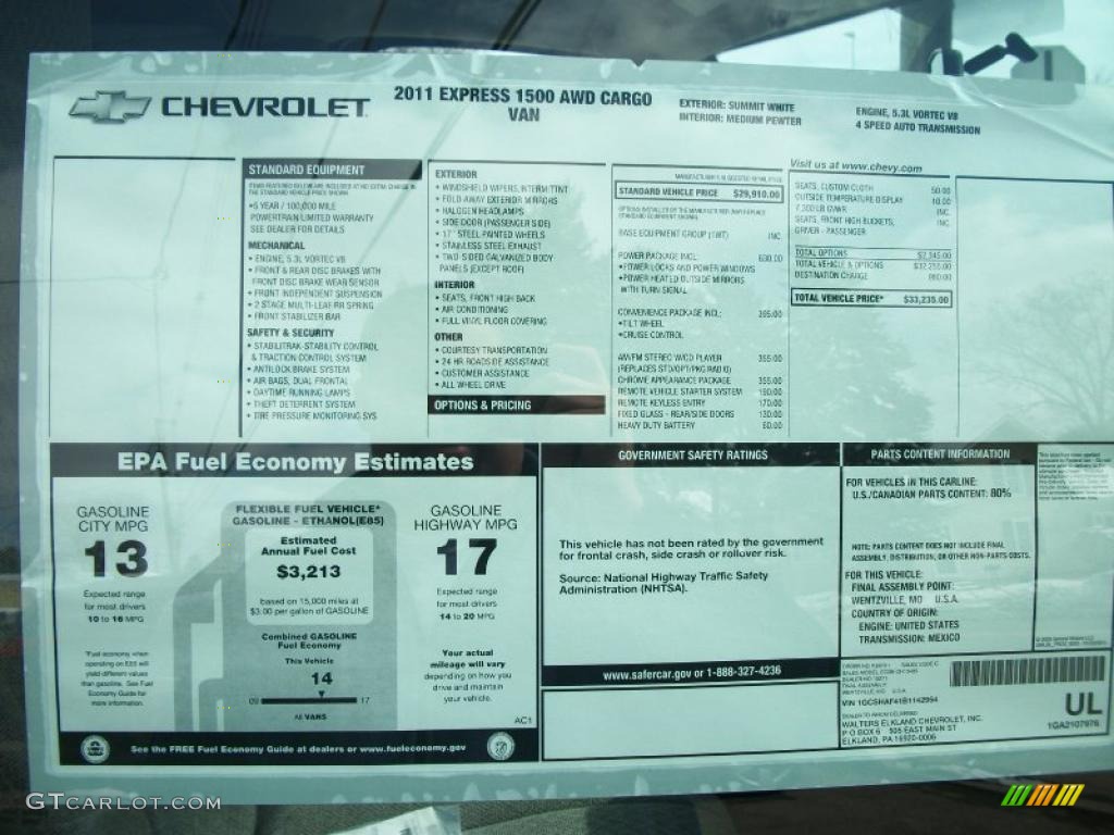 2011 Chevrolet Express 1500 AWD Cargo Van Window Sticker Photo #47194289
