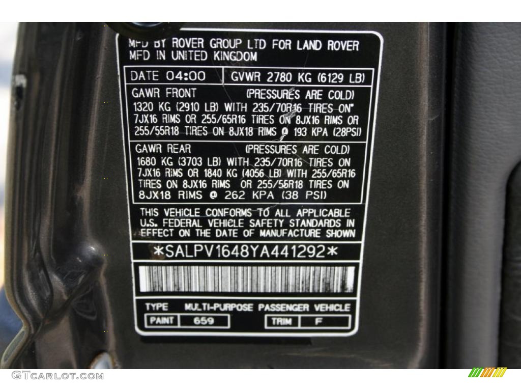 2000 Range Rover Color Code 659 for Niagara Grey Photo #47195435
