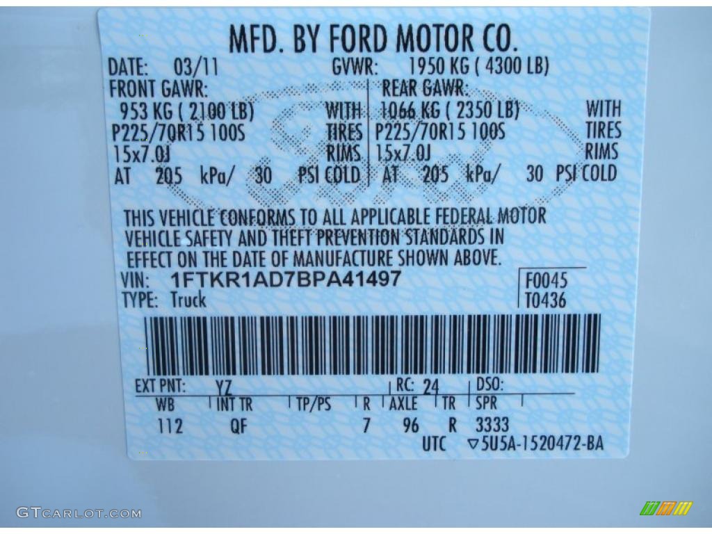 2011 Ranger Color Code YZ for Oxford White Photo #47205683