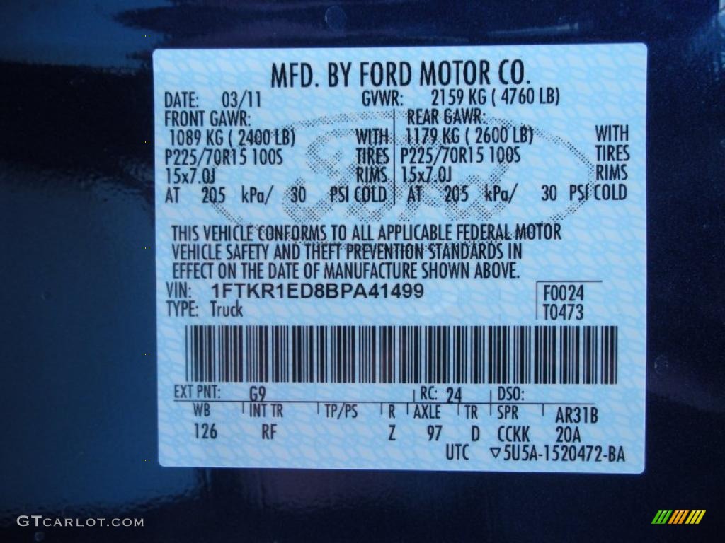 2011 Ranger Color Code G9 for Vista Blue Metallic Photo #47206853