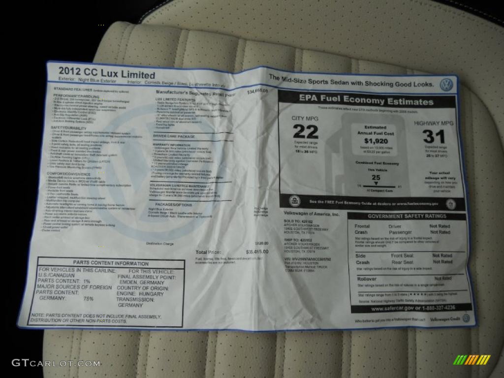 2012 Volkswagen CC Lux Limited Window Sticker Photo #47207294