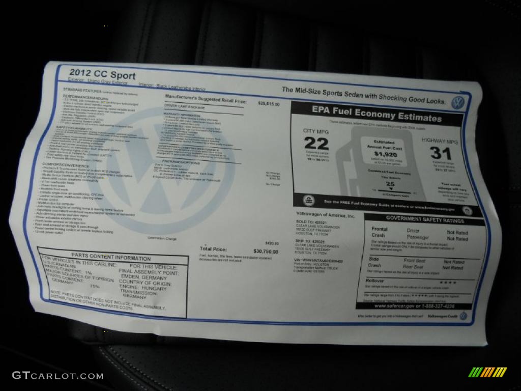 2012 Volkswagen CC Sport Window Sticker Photo #47207636