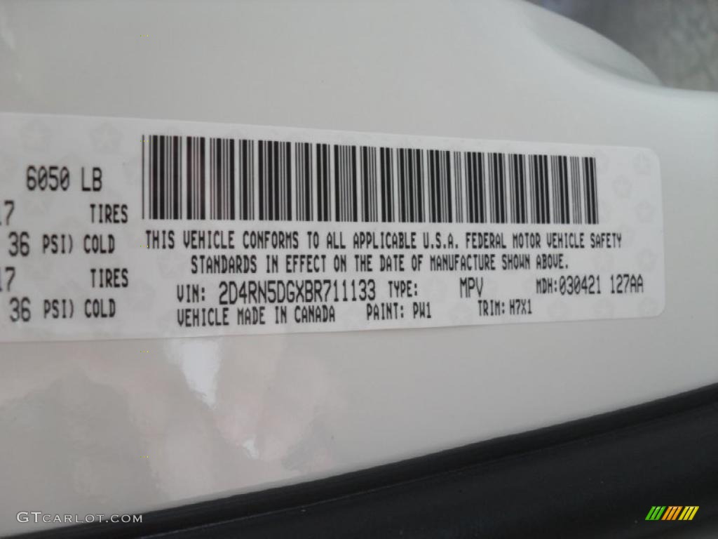 2011 Grand Caravan Color Code PW1 for Stone White Photo #47219699