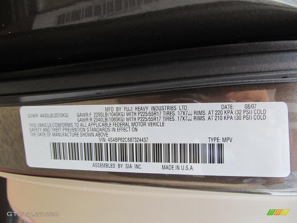 2008 Subaru Outback 2.5i Limited Wagon Info Tag Photos
