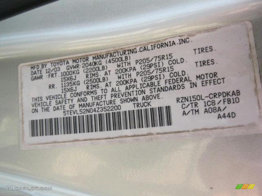 2004 Toyota Tacoma SR5 Xtracab Color Code Photos