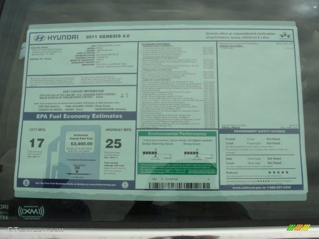 2011 Hyundai Genesis 4.6 Sedan Window Sticker Photo #47262527