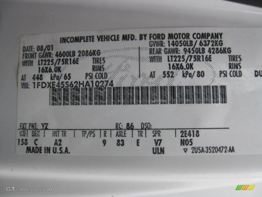2002 Ford E Series Cutaway E450 Commercial Cargo Van Color Code Photos