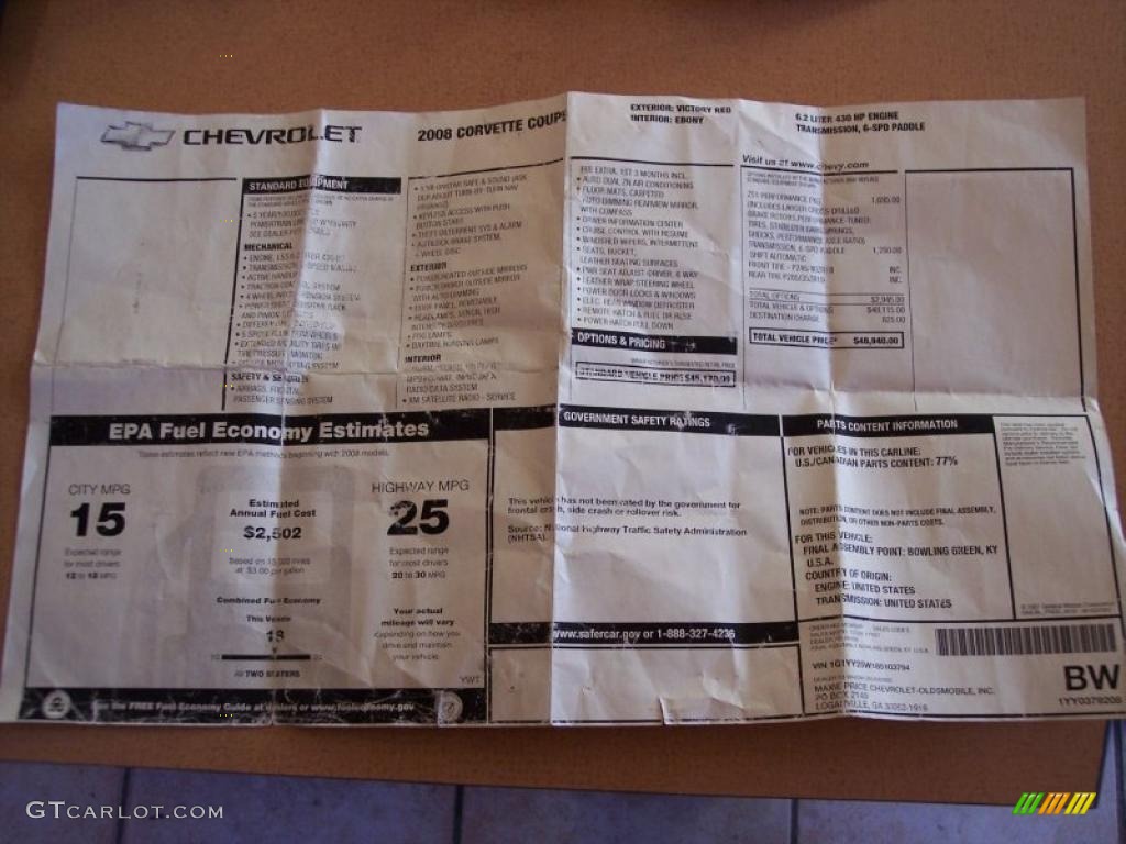 2008 Chevrolet Corvette Coupe Window Sticker Photo #47272379
