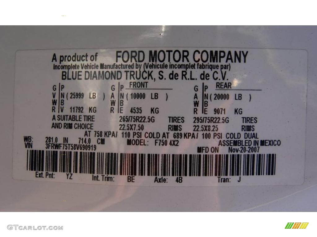 2008 F750 Super Duty Color Code YZ for Oxford White Photo #47272718