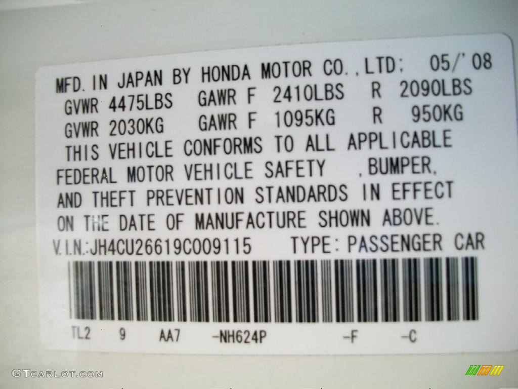 2009 TSX Color Code NH624P for Premium White Pearl Photo #47313188