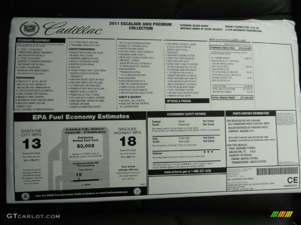 2011 Cadillac Escalade Premium AWD Window Sticker Photo #47328084