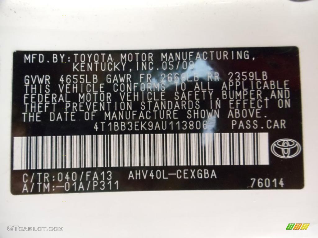2010 Camry Color Code 040 for Super White Photo #47330743