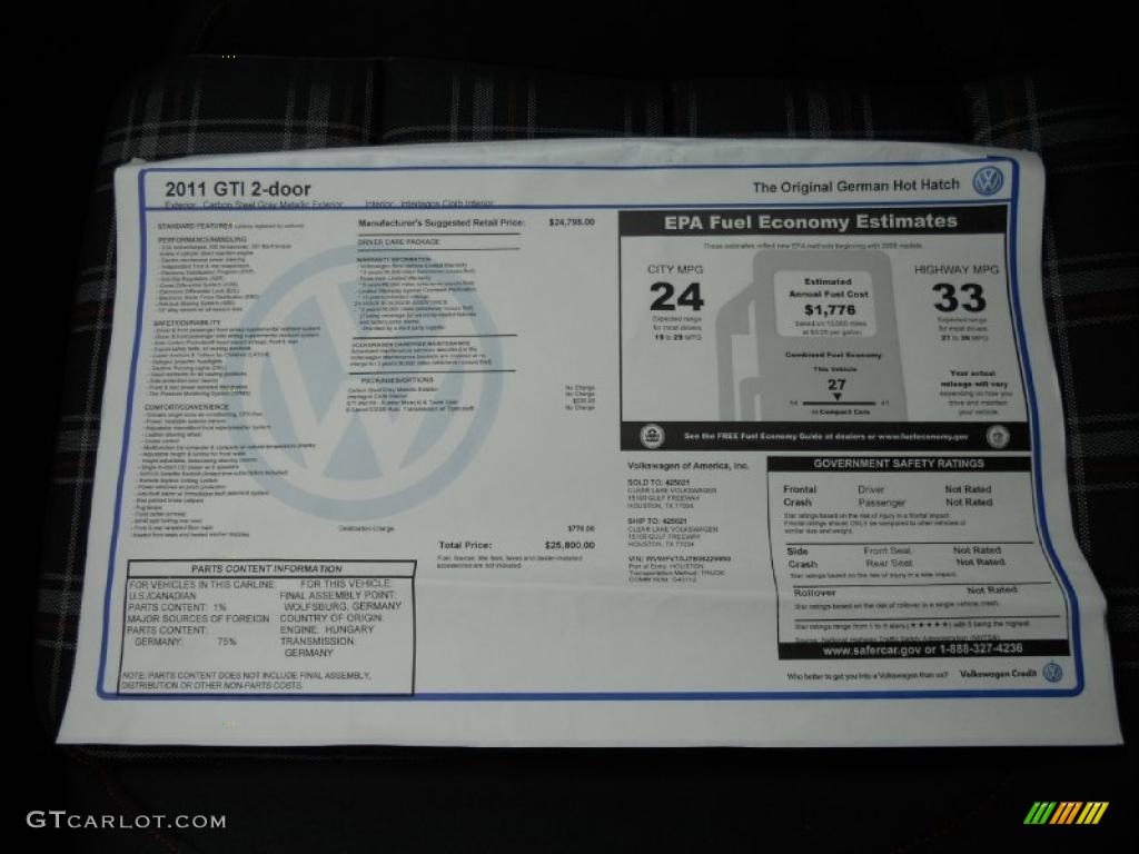 2011 Volkswagen GTI 2 Door Window Sticker Photo #47345042