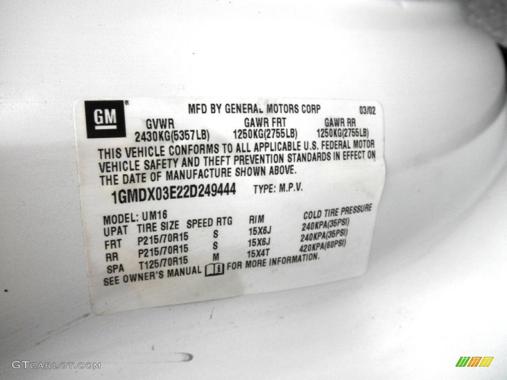 2002 Pontiac Montana Standard Montana Model Info Tag Photos