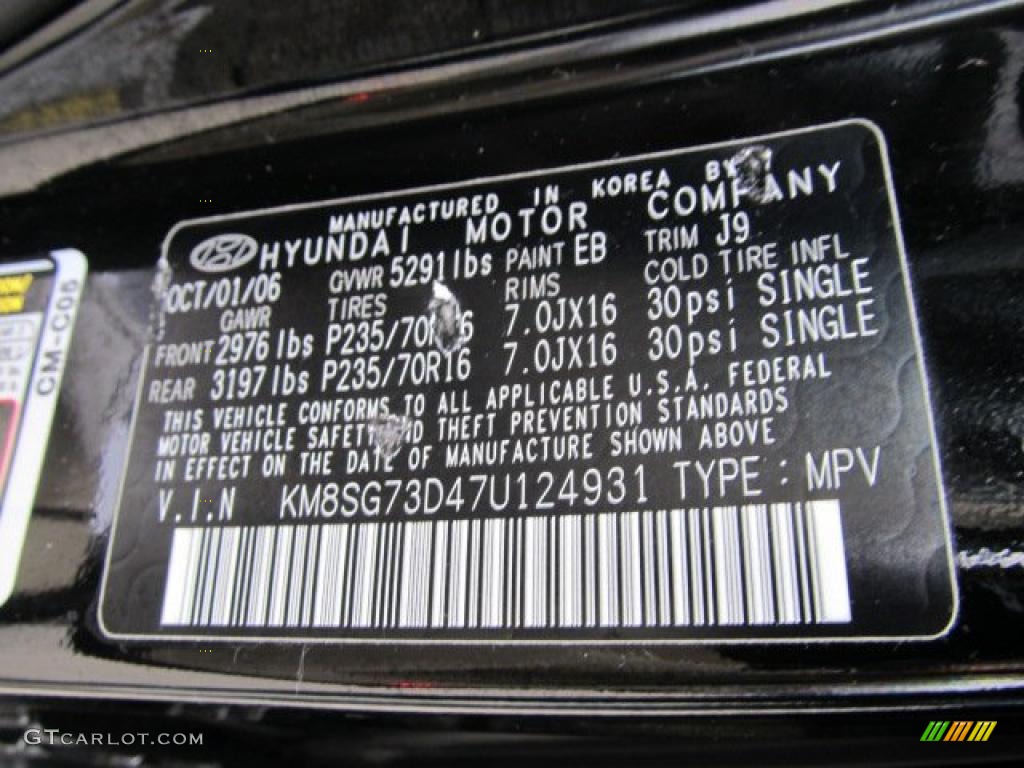 2007 Hyundai Santa Fe GLS 4WD Info Tag Photos