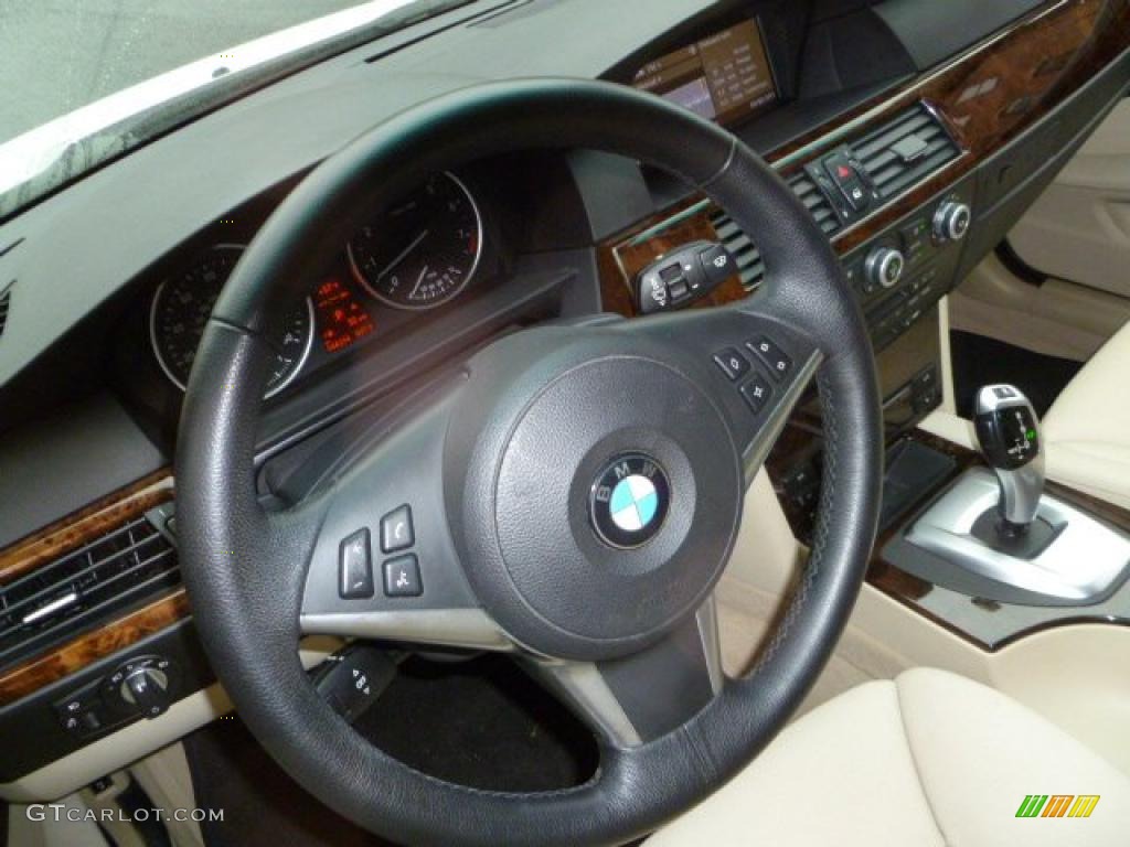 2008 BMW 5 Series 535i Sedan Cream Beige Dakota Leather Steering Wheel Photo #47387813