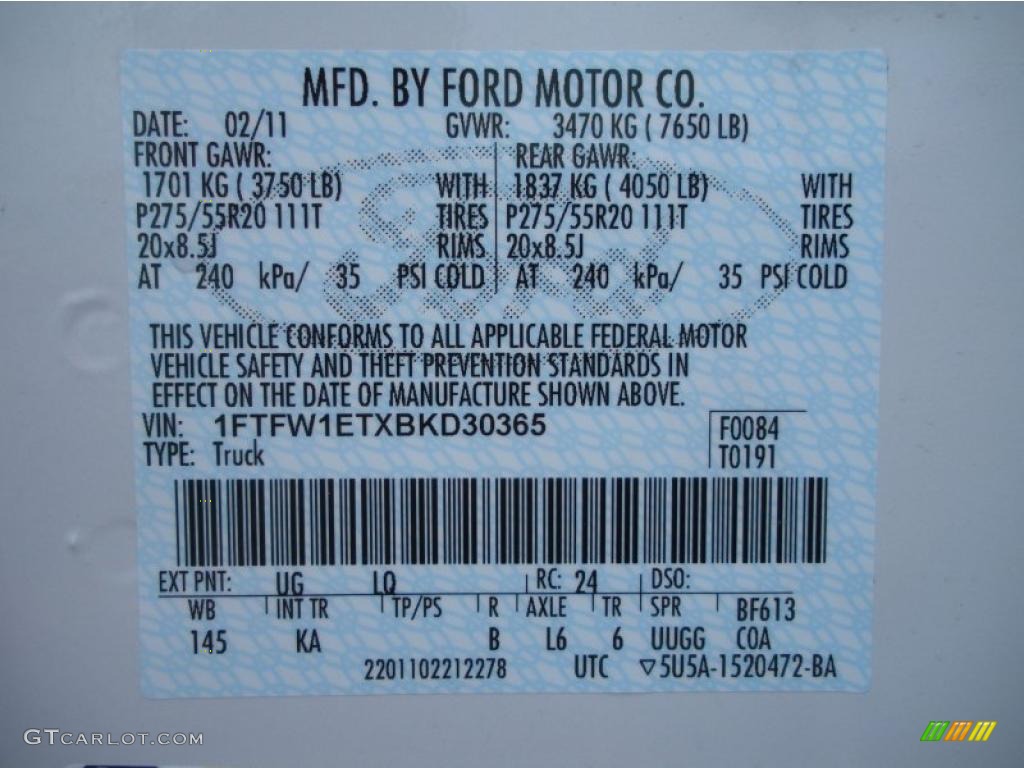 2011 F150 Color Code UG for White Platinum Metallic Tri-Coat Photo #47392067