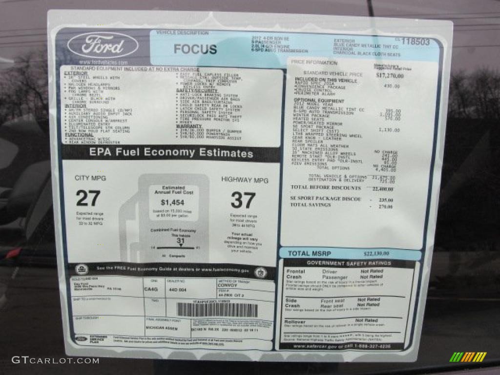 2012 Ford Focus SE Sport Sedan Window Sticker Photo #47409764