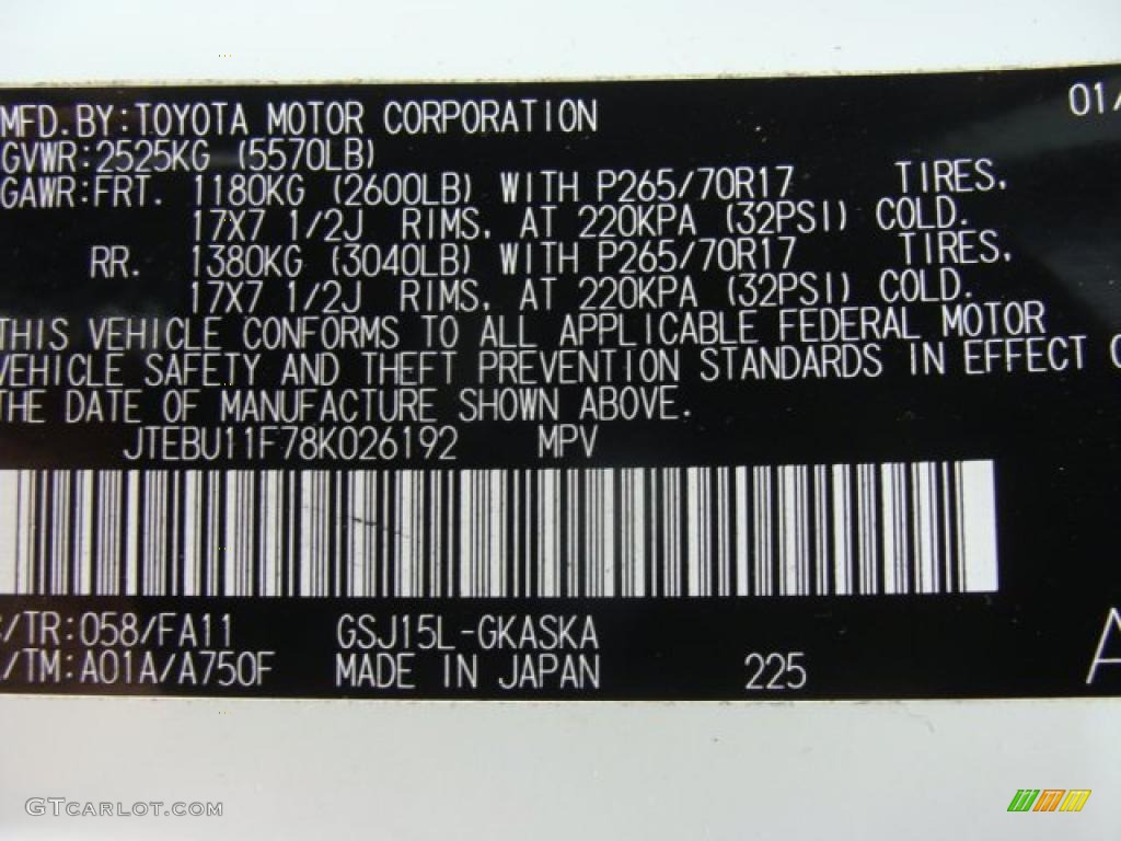 2008 FJ Cruiser Color Code 058 for Iceberg White Photo #47434242