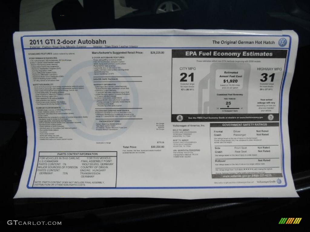 2011 Volkswagen GTI 2 Door Autobahn Edition Window Sticker Photo #47434638