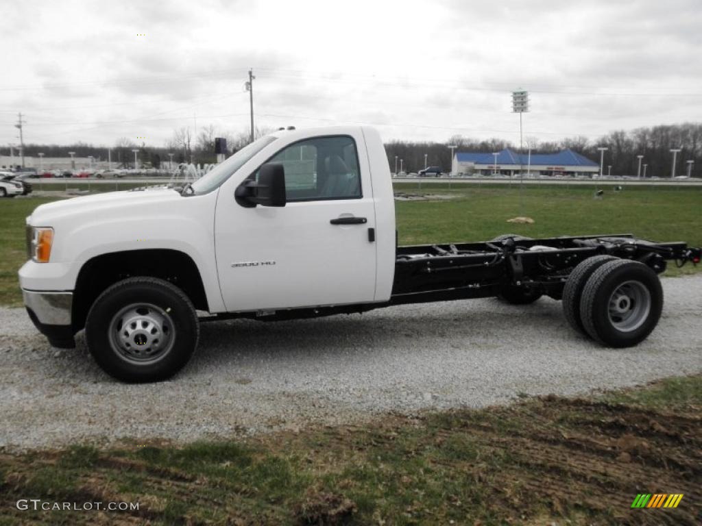 Summit White 2011 GMC Sierra 3500HD Work Truck Crew Cab 4x4 Chassis Dump Truck Exterior Photo #47437725