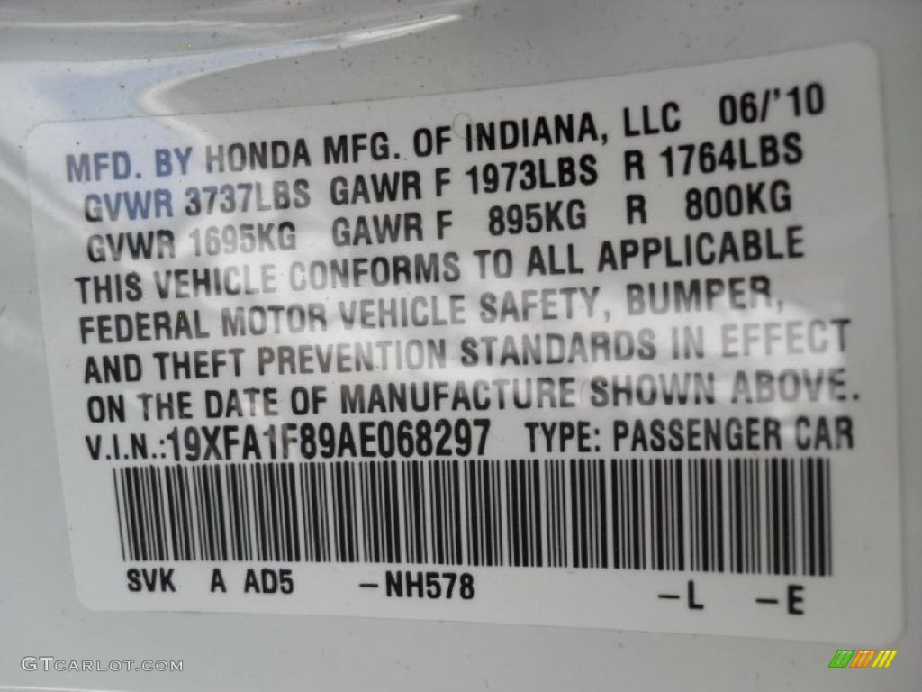2010 Civic Color Code NH578 for Taffeta White Photo #47446702