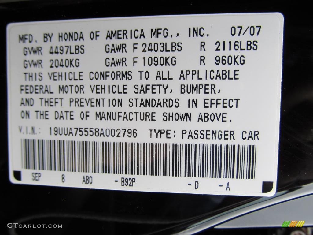 2008 TL Color Code B92P for Nighthawk Black Pearl Photo #47457193