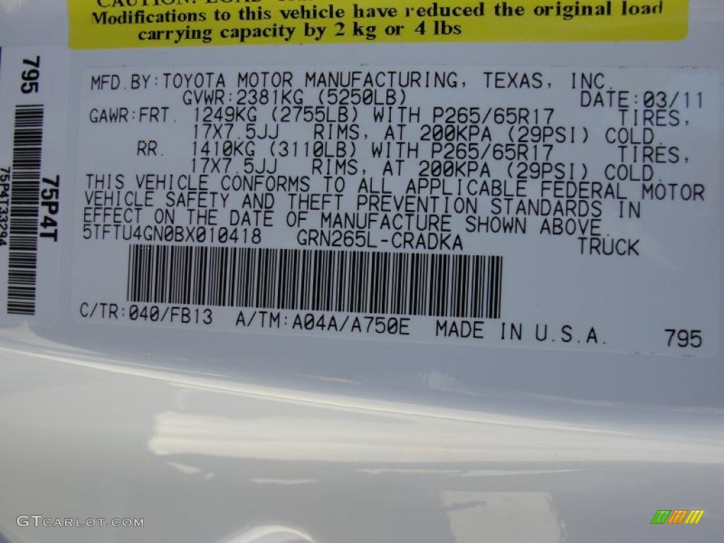 2011 Toyota Tacoma V6 TRD Sport PreRunner Access Cab Color Code Photos