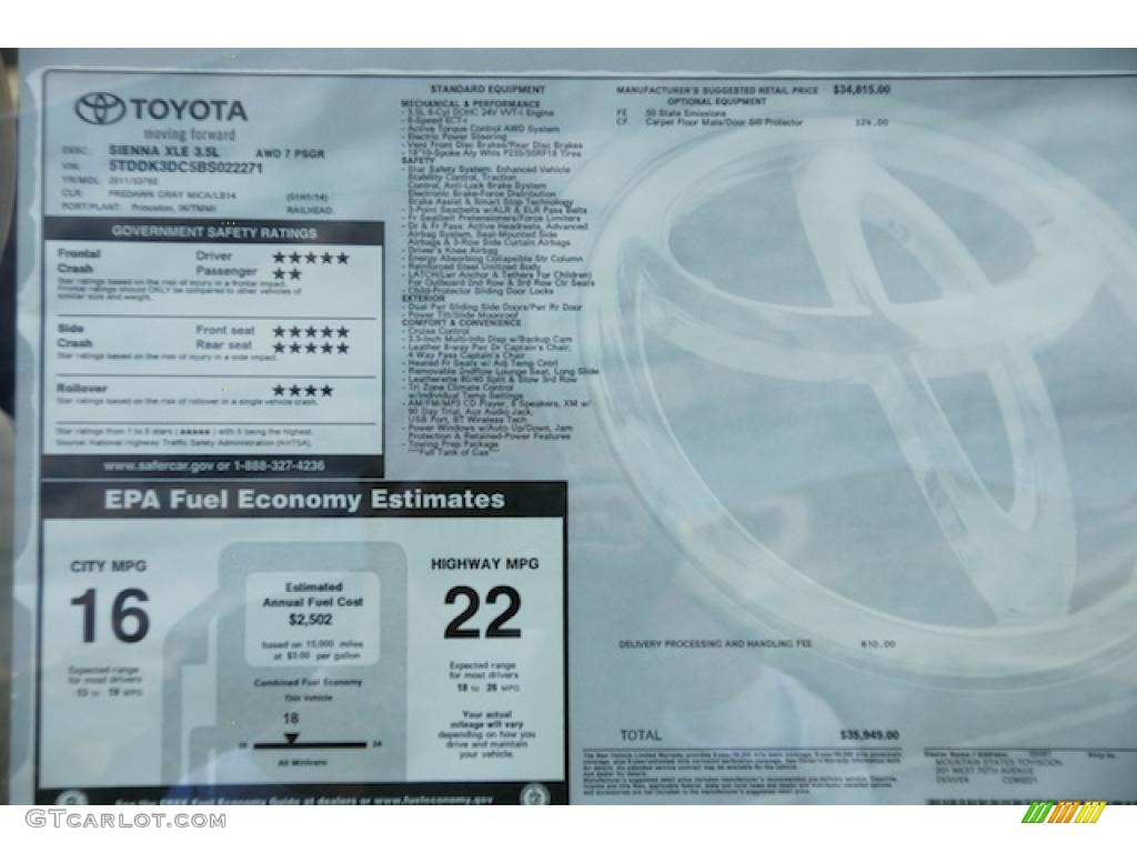 2011 Toyota Sienna XLE AWD Window Sticker Photos