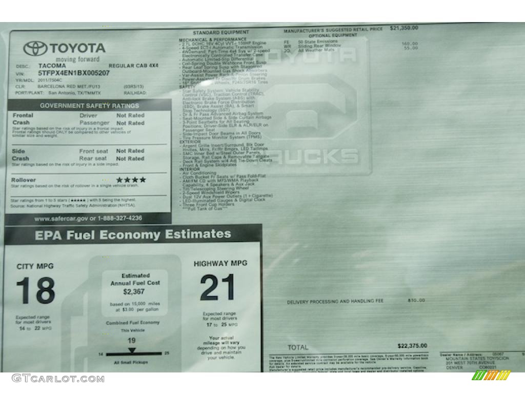 2011 Toyota Tacoma Regular Cab 4x4 Window Sticker Photo #47466979
