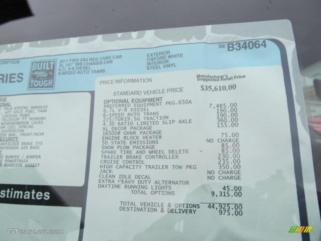 2011 Ford F450 Super Duty XL Regular Cab 4x4 Chassis Dump Truck Window Sticker Photos