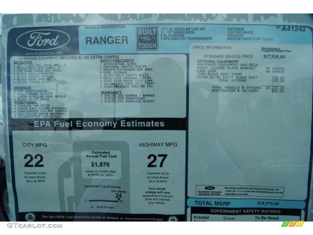 2011 Ford Ranger XL Regular Cab Window Sticker Photo #47472476