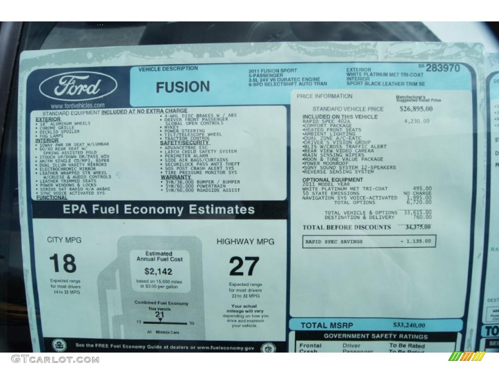 2011 Ford Fusion Sport Window Sticker Photo #47472823