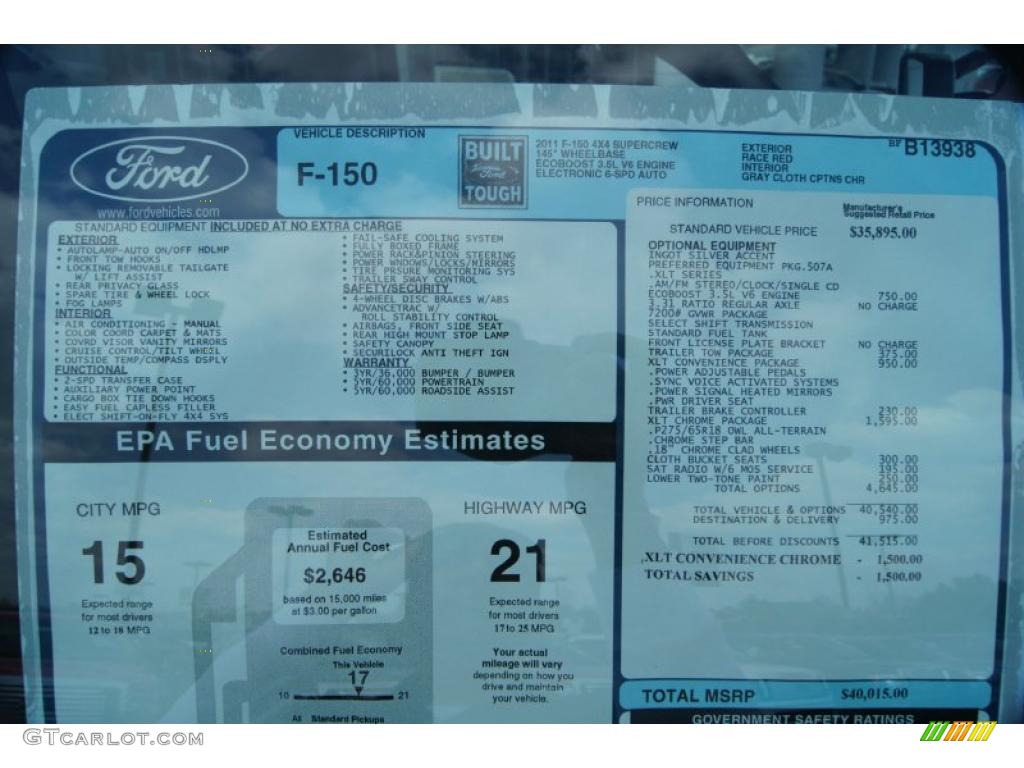 2011 Ford F150 XLT SuperCrew 4x4 Window Sticker Photo #47473399