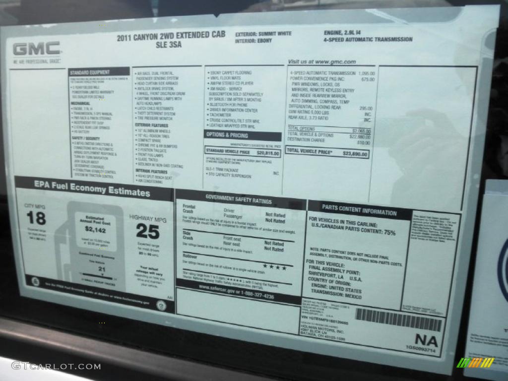 2011 GMC Canyon SLE Extended Cab Window Sticker Photos