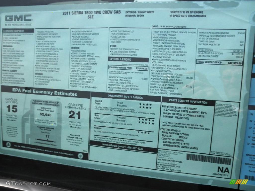 2011 GMC Sierra 1500 SLE Crew Cab 4x4 Window Sticker Photo #47494668