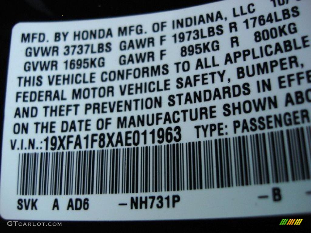 2010 Civic Color Code NH731P for Crystal Black Pearl Photo #47516350