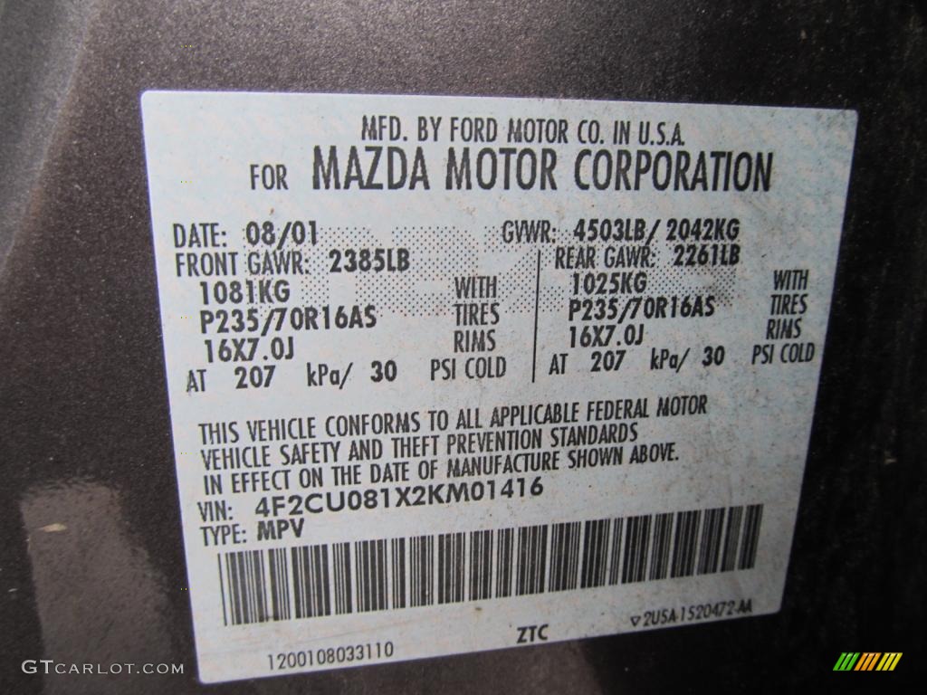 2002 Mazda Tribute LX V6 4WD Info Tag Photos