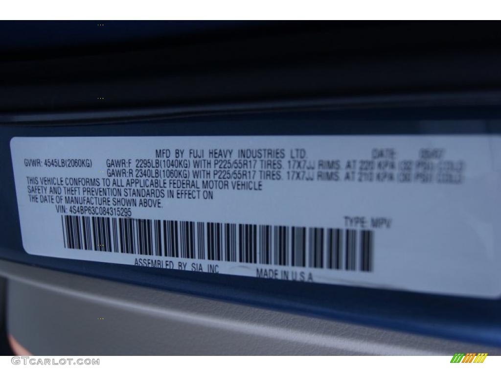 2008 Subaru Outback 2.5XT Limited Wagon Info Tag Photos