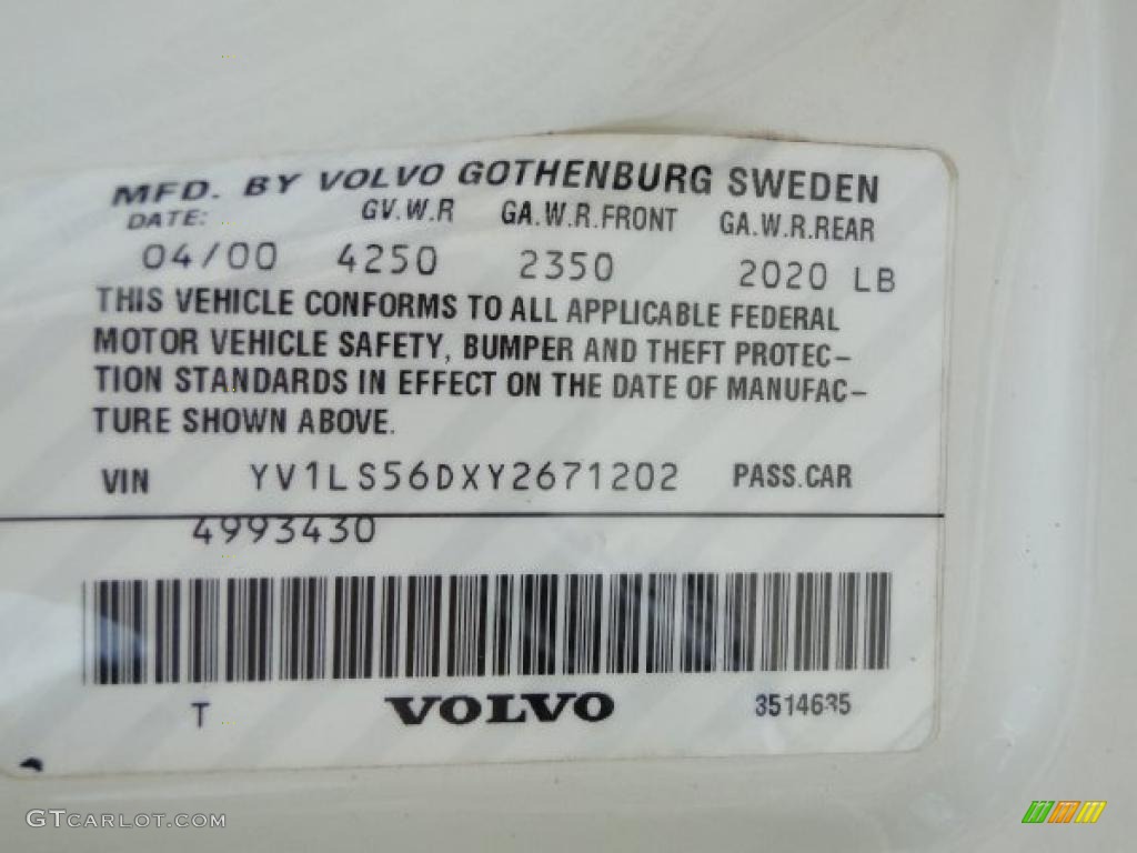 2000 Volvo S70 GLT SE Info Tag Photo #47546531