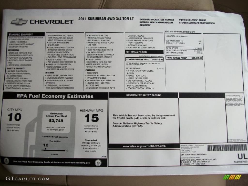 2011 Chevrolet Suburban 2500 LT 4x4 Window Sticker Photo #47569025